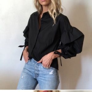 Black puff sleeve button up top